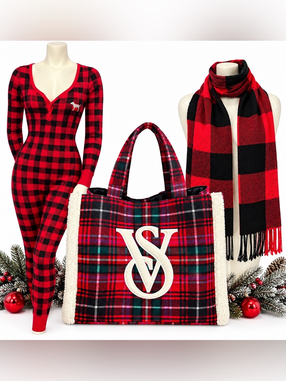 Victoria’s Secret HOLIDAY Plaid BUNDLE XS Onesie Tote Bag Scarf